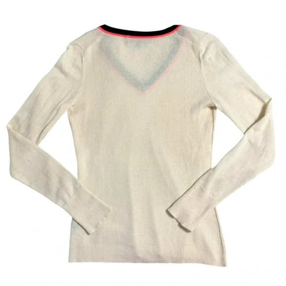 Rag & Bone Cashmere Wool Cream V-Neck Sweater Small Striped Neon Pink Black Neck - Picture 3 of 7